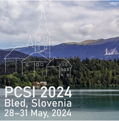 Fotografija Blejskega jezera in napis PCSI 2024, Bled, Slovenia, 28. do 31. maj 2024